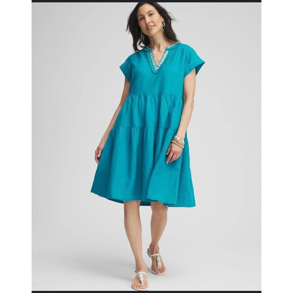Chico's Dresses & Skirts - New CHICOS Linen Embellished Cap Sleeve V Neck Dress Teal Plus Size 14 2.5